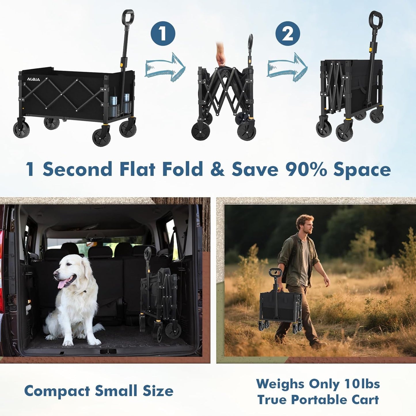 Collapsible Foldable Wagon with Wheels Heavy Duty Folding Wagons Carts 360LBS Weight Capacity Portable All Terrain Utility Wagon Cart for Groceries Sports Garden Shopping Camping Beach