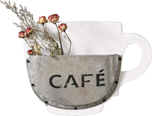 SOFE Industrial Farmhouse Wall Mounted Flower Vase, White Wood Frame with Coffee Cup Planter, Rustic Kitchen Wall Art, 9.8" X 2.2" X 7.5"