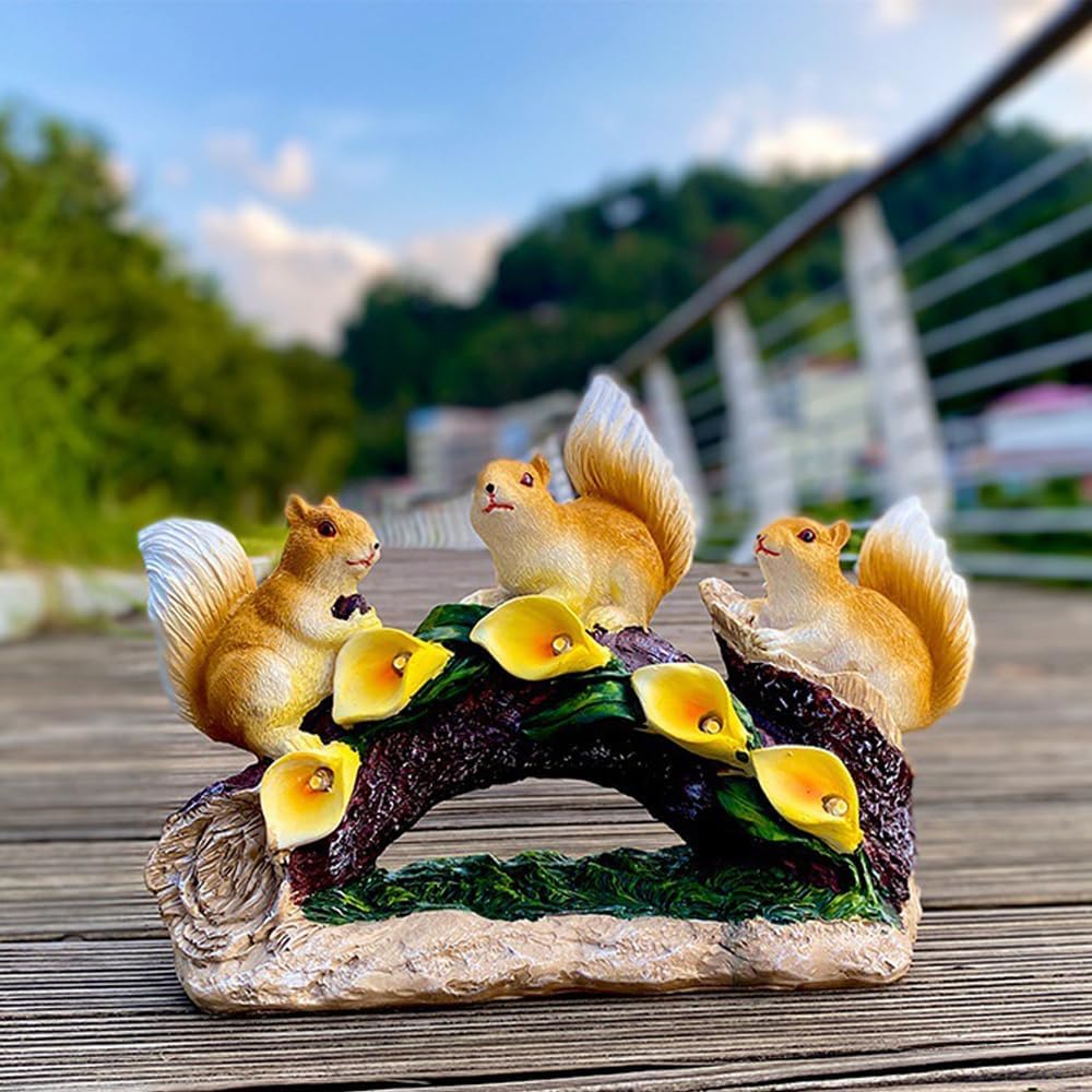 Solar Resin Squirrel Garden Statue with 5 LED Night Lights -Hand Carved, Weather Resistant Outdoor Solar Yard & Balcony Ornament