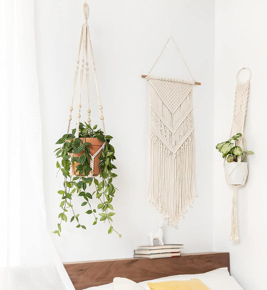 Mkono Macrame Plant Hanger Indoor Hanging Planter Basket with Wood Beads Decorative Flower Pot Holder No Tassels for Indoor Outdoor Boho Home Decor 35 Inch, Ivory, Set of 1 (POTS NOT Included)