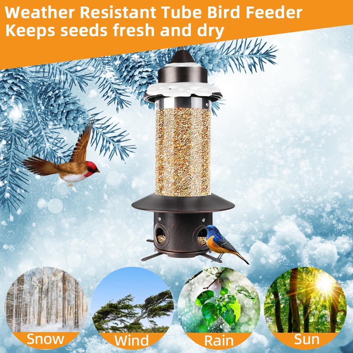 Squirrel Proof Bird Feeders - Gravity Protection Anti Squirrel Wild Metal Bird Feeders for Outdoors Hanging,Premium Hard Plastic Tube Bird Seed Feeder with 4 Feeding Ports for Blue Jay,Sparrow(Bronze)