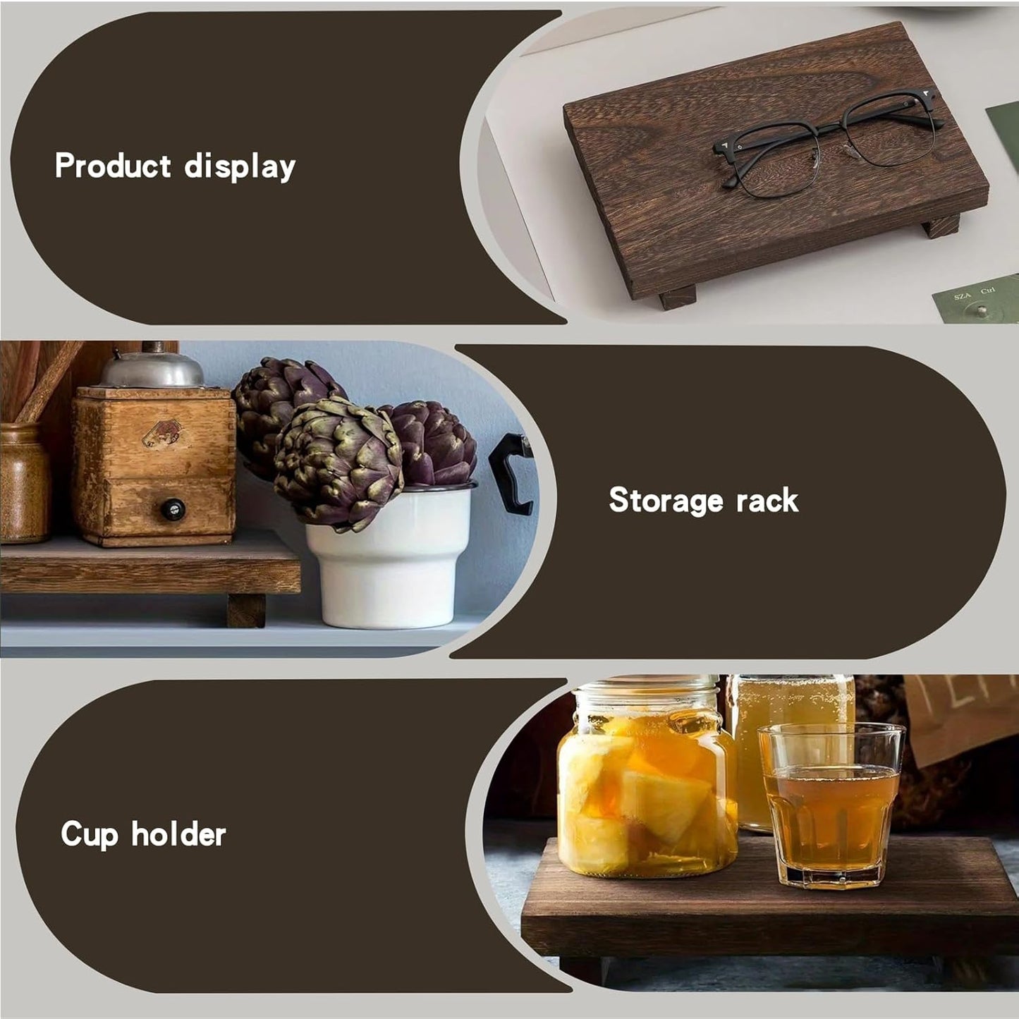 2 PCS Wood Pedestal Stand Risers for Decor, Small Wooden Tray Farmhouse Bathroom Decor for Soap Bottle Plant Makeup Candles Towels Jewelry, 9 x 5.9 x 1.57 Inch