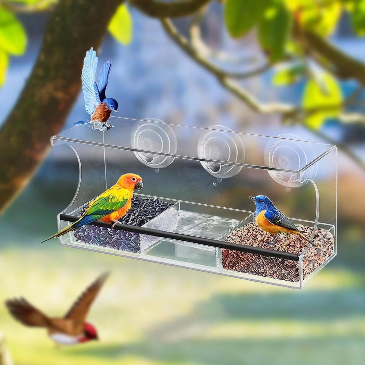 Window Bird Feeder, Suction Cup Food Box, Acrylic Clear Detachable Feeder for Indoor, Deck Patio Balcony Observation, Spill-Proof Feeding Station, Kids Bird Watching Accessory