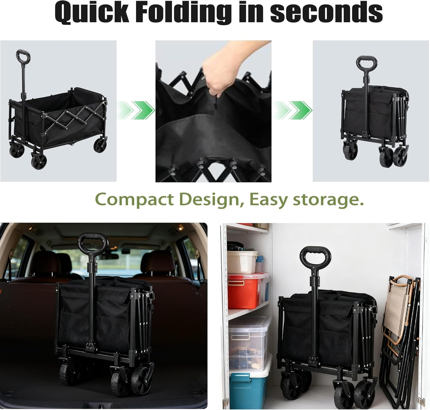 XMT 100L Folding Wagon Cart Push & Pull Beach, 350 lbs Weight Capacity Heavy Duty Folding Beach Wagons with Big All-Terrain Wheels & Drink Holders for Groceries, Shopping, Camping, Sports - Black
