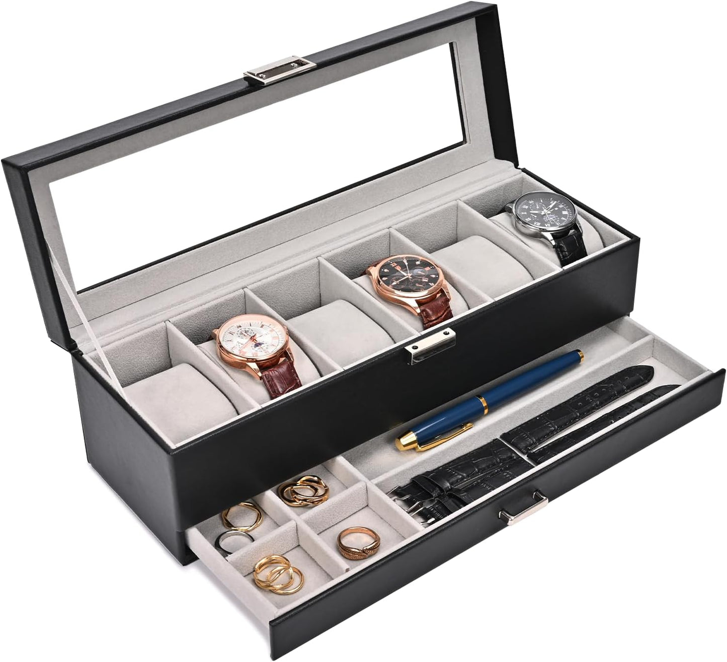 ProCase Watch Box, 6 Slot Watches Display Case with Drawer, Mens Watch