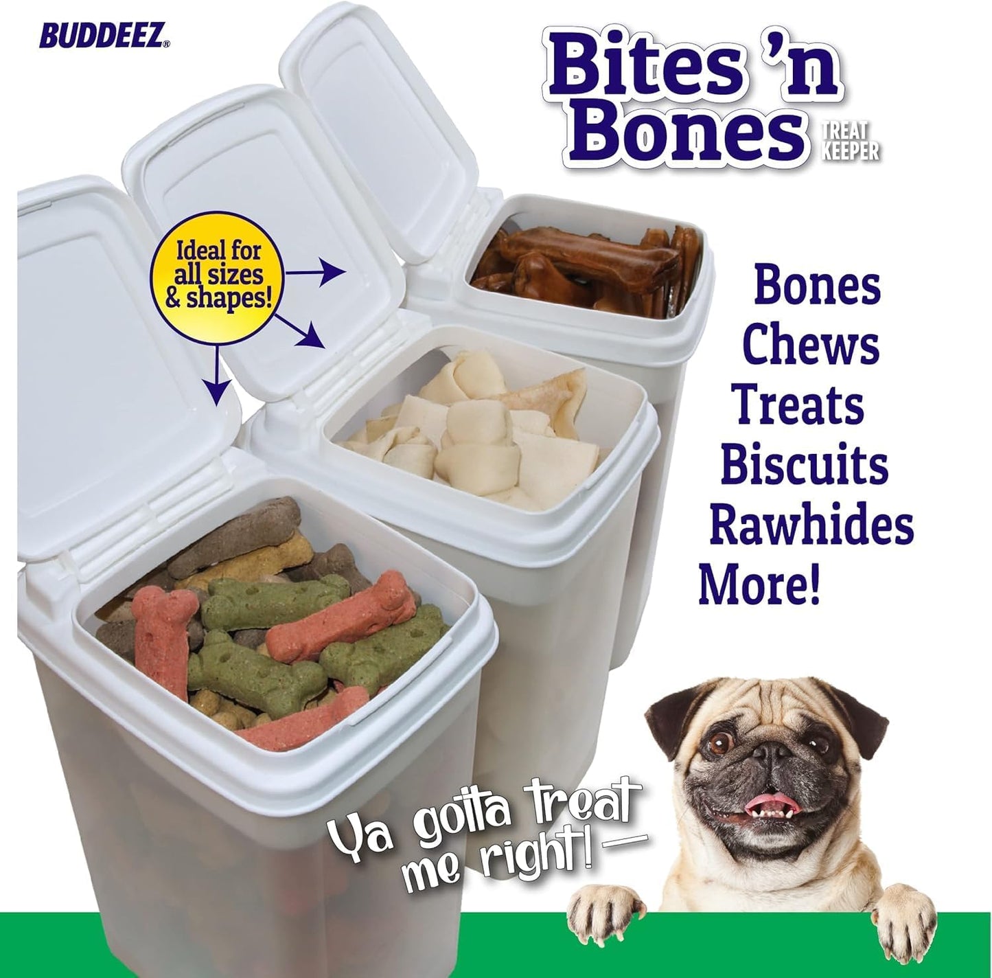 Buddeez Pet Treat Container for Dogs and Cats - 3.5 Quart Flip Top Sto