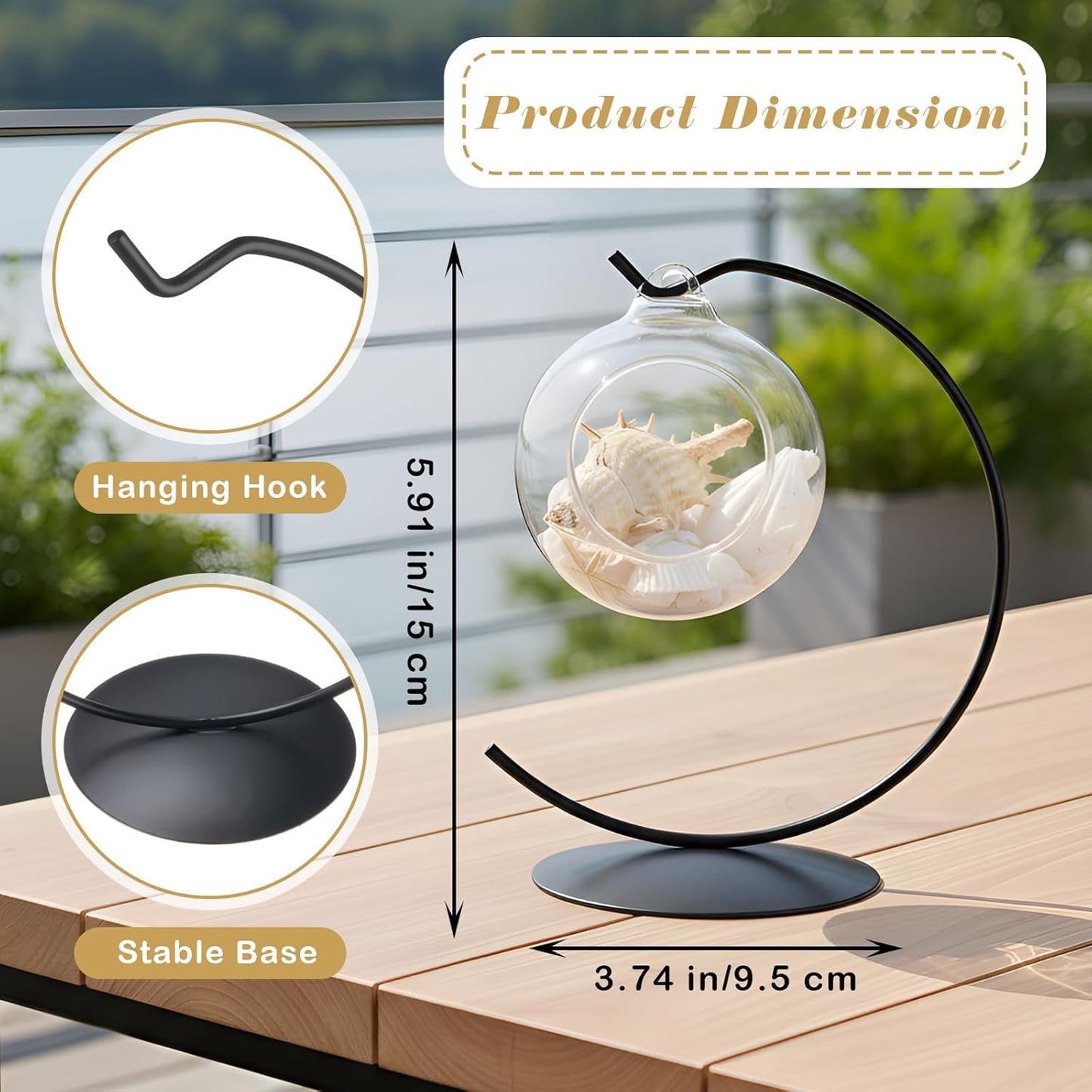 4 Pcs Ornament Display Stand Holder 6 Inch Tall Iron Round Christmas Air Plant Terrariums Holder Hook Crystal Witch Ball Hanging Stand for Glass Ball Christmas Wedding Home Decor (Black)