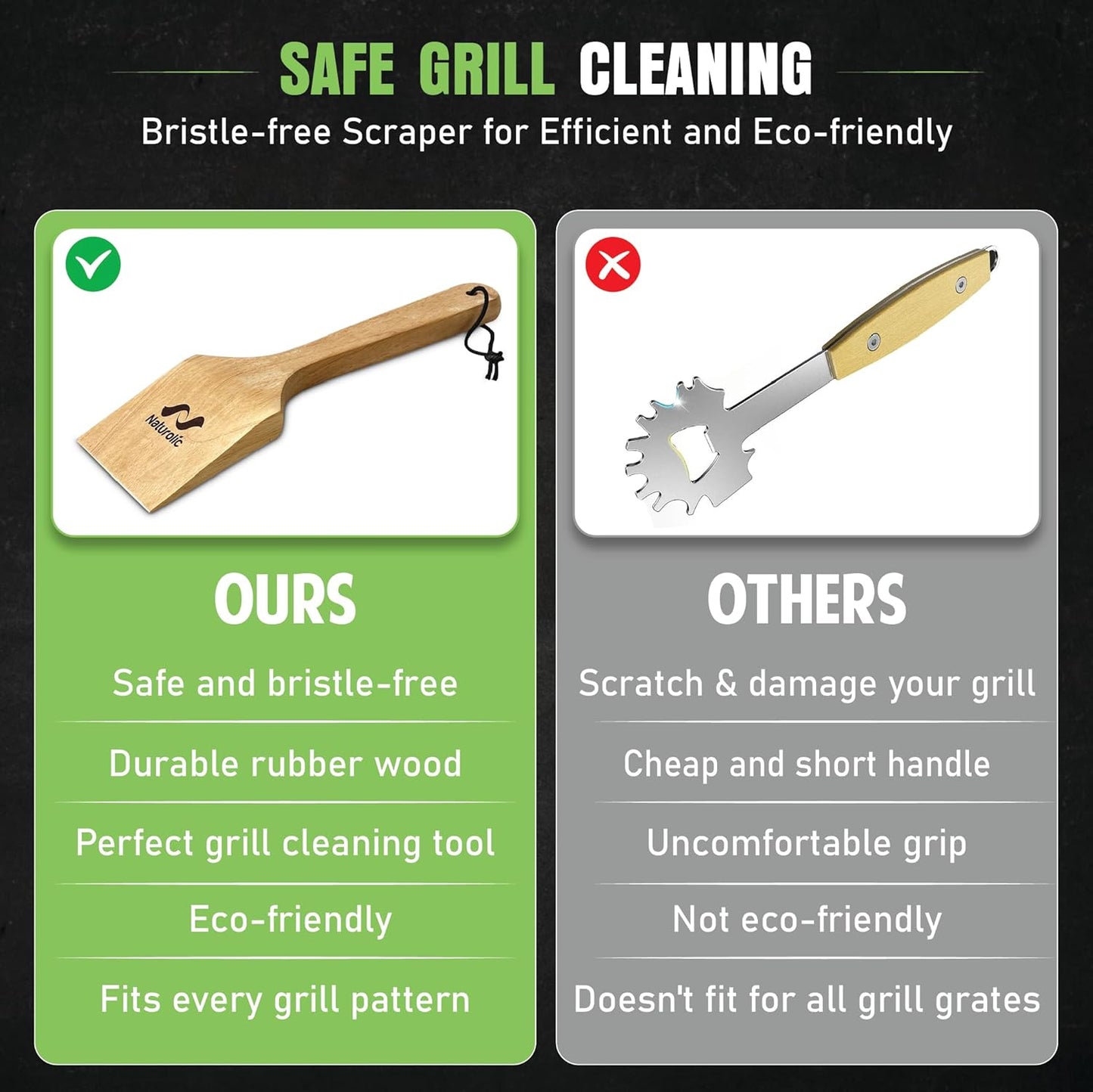 All-Natural Wooden Grill Scraper Tool 18" | Bristle-Free Grill Cleaner for Outdoor Grill | Eco-Friendly BBQ Cleaning Tool for Safe Grate Care