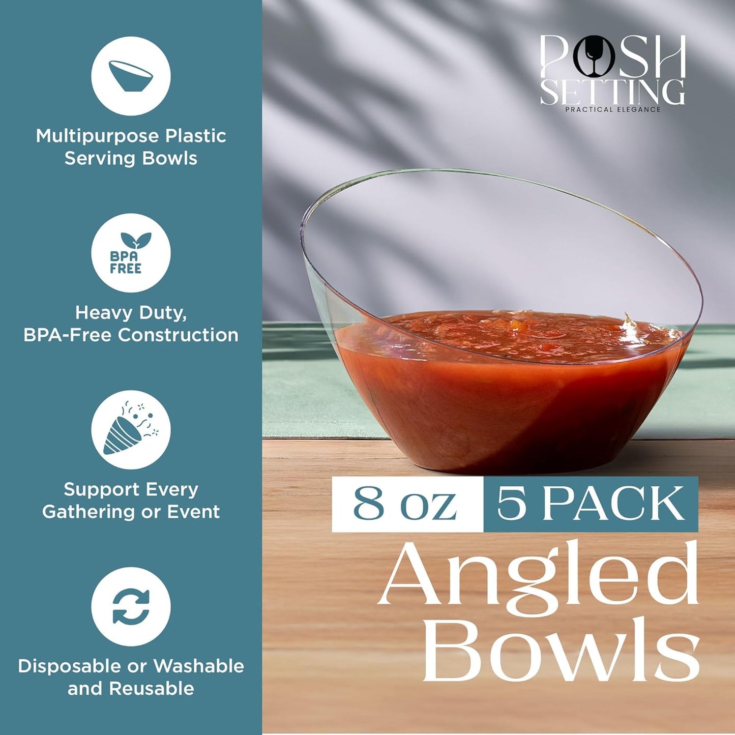 Posh Setting Clear Serving Bowls Small Hard Plastic Candy Bowl for Weddings, Buffet, Offices, Disposable Small Angled Bowls for Party's, Salads, Snacks and Fruit Bowl 5 Pack