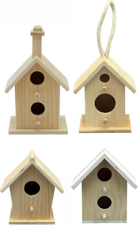Creative Hobbies® Mini 4 Inch Tall Birdhouse - Set of 4 Styles, Small Unfinished Wood Ready to Paint or Decorate