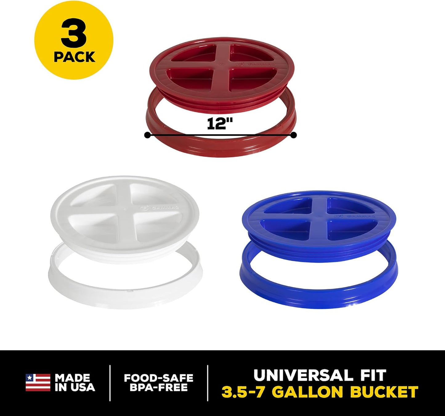 Gamma2 Gamma Seal Lid 3pk Combo for Utility Buckets - Fits 3.5, 5, 6 & 7 gallon buckets, Red, White & Blue, Made in USA