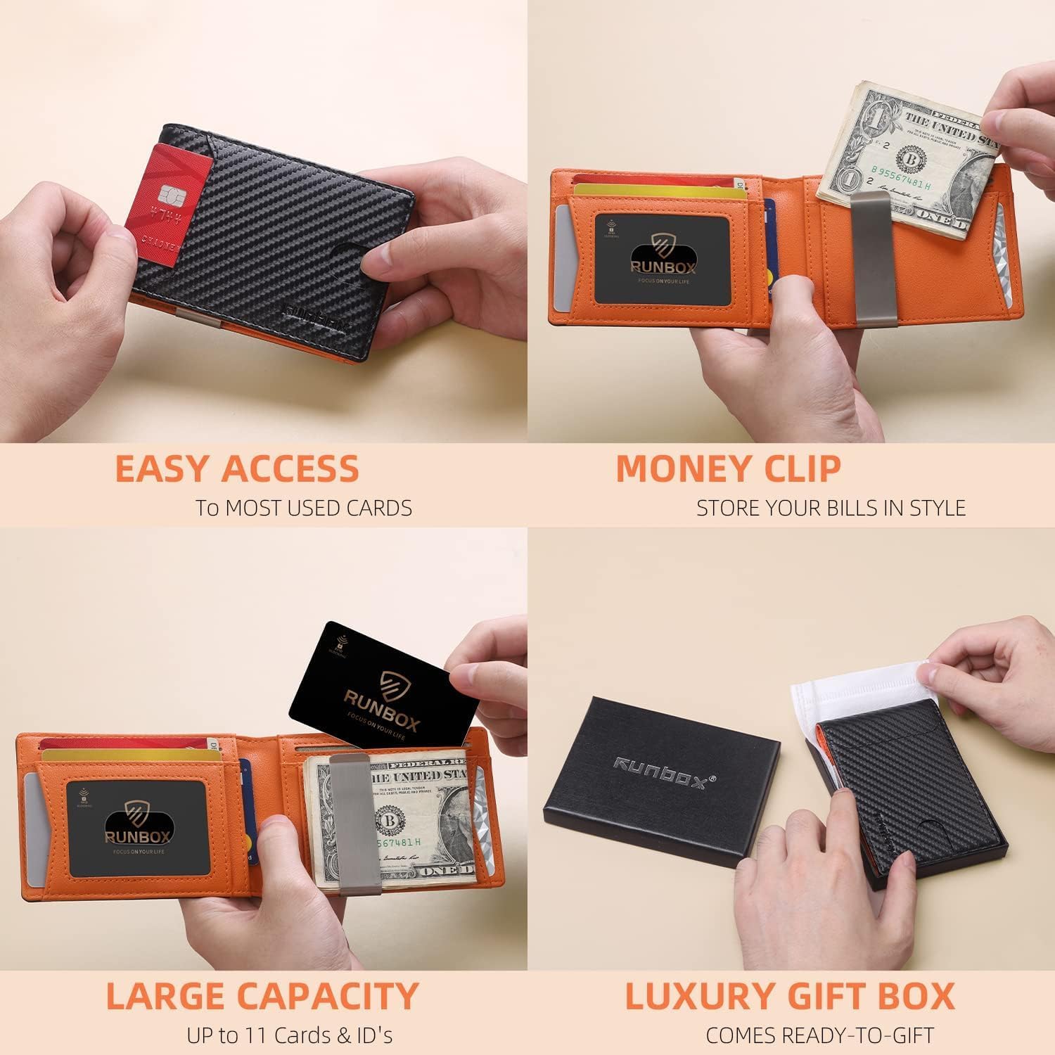 RUNBOX Slim Wallets for Men - Leather Money Clip Mens Wallet - RFID Bl