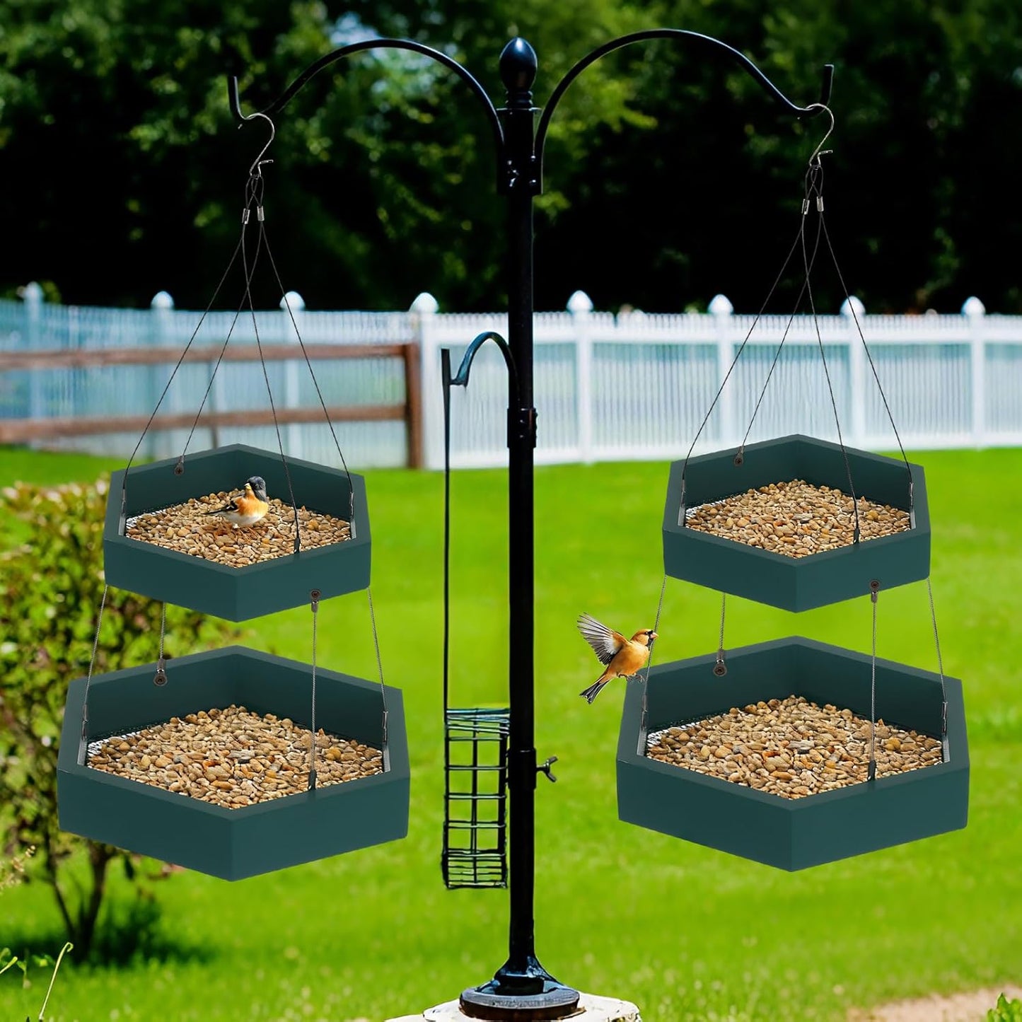 2 Pack 2 Tier Large Platform Bird Feeders for Outdoors Hanging Green Pine Wood Flat Birds Feeder Tray Outdoor Wild Bird Seed Feeder and Decor, Hexagon