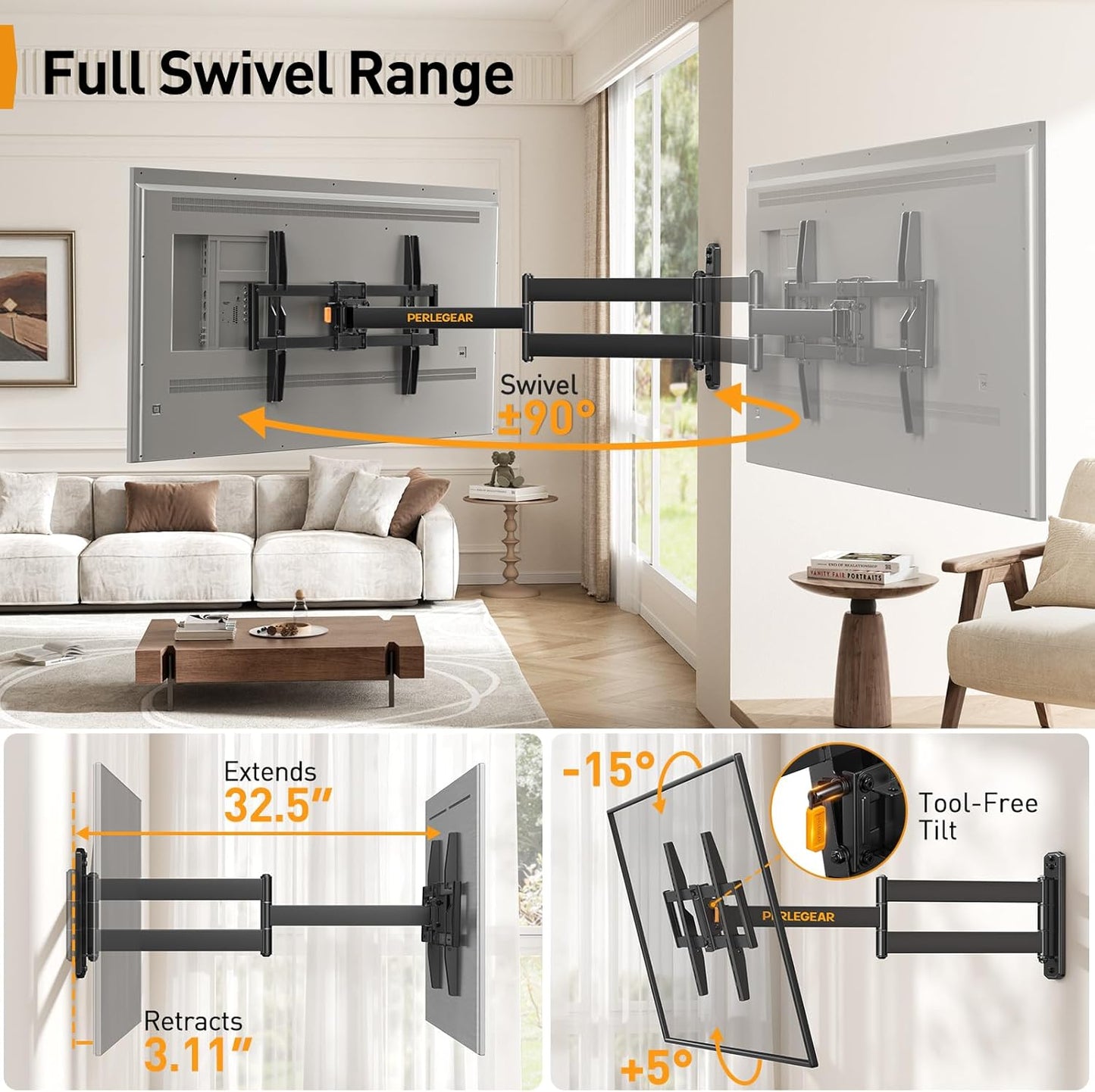 Perlegear Corner TV Wall Mount Long Arm TV Mount Bracket for 32-75 Inch TVs-Full Motion Wall Mount with 32.37” Extension & Swivel Articulating Arm & Tilt, MAX VESA 600x400mm, Holds up to 100 lbs