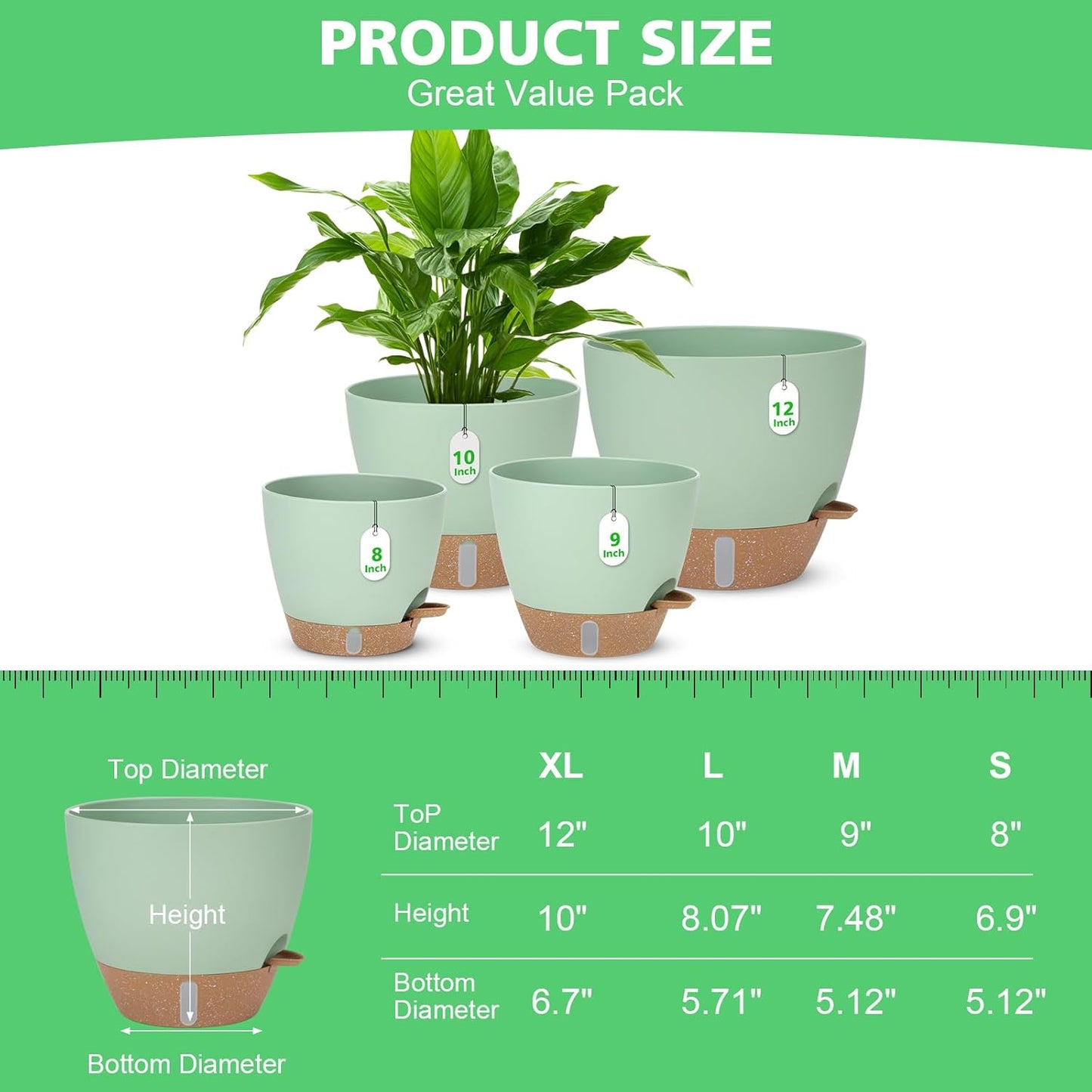 12" 10" 9" 8" Self Watering Pots with Water Level Indicator, Large Pla