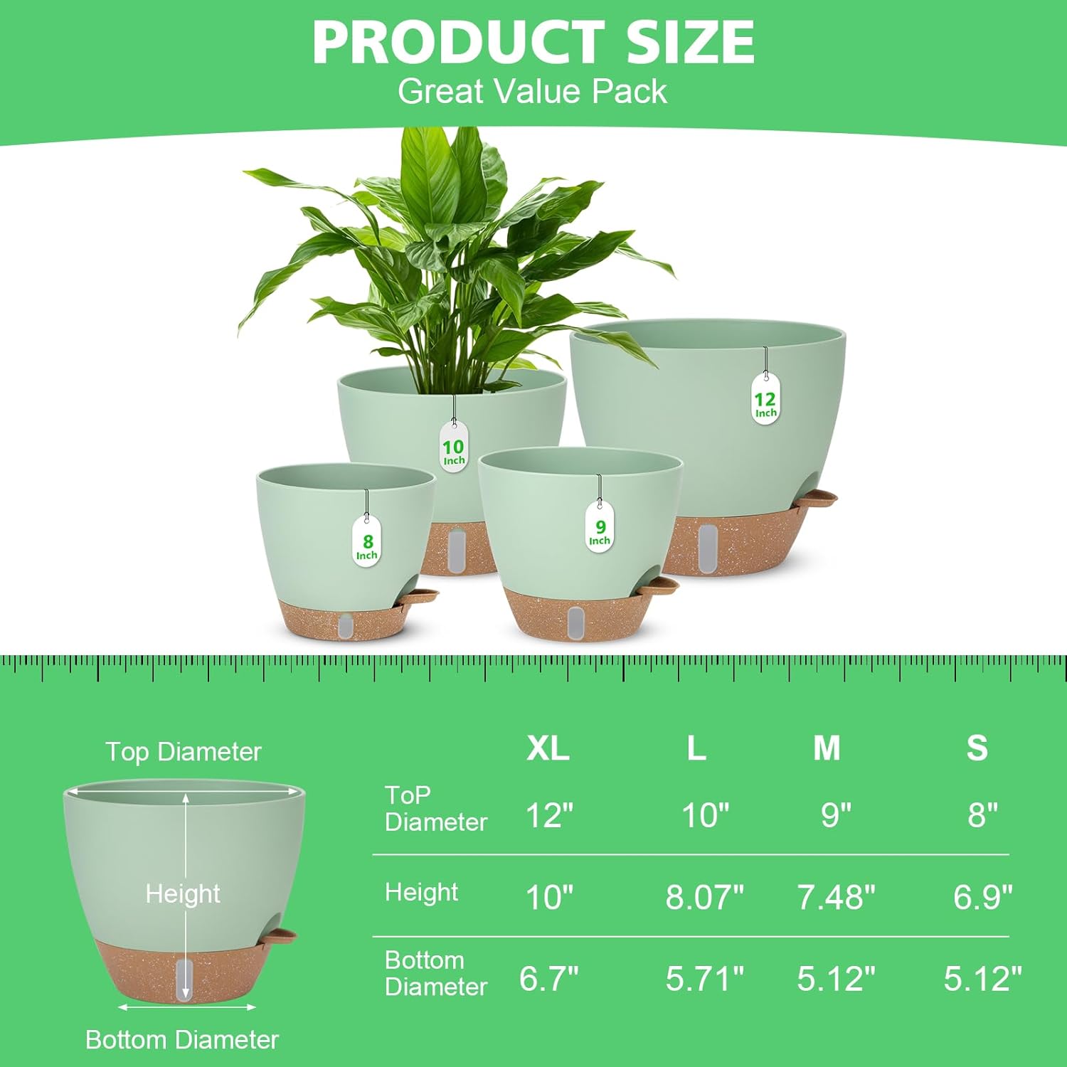 12" 10" 9" 8" Self Watering Pots with Water Level Indicator, Large Pla
