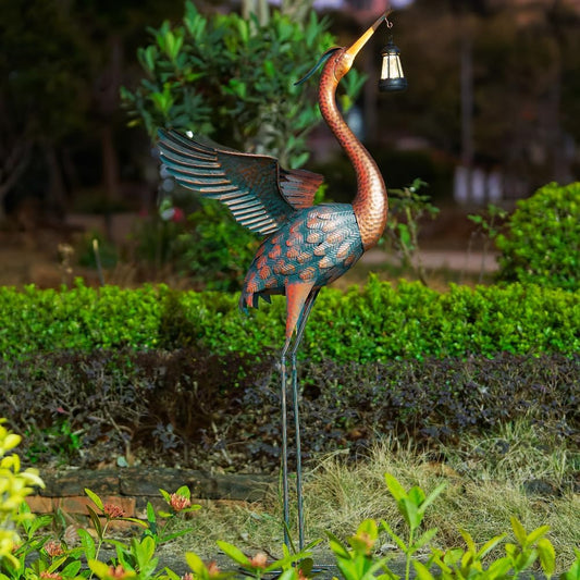 48'' Heron Garden Statue, Large Crane Outdoor Statue with Solar Lanter