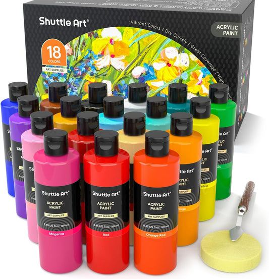 Shuttle Art 18 Colors Acrylic Paint Bottle Set (250ml/8.45oz), Rich Pi