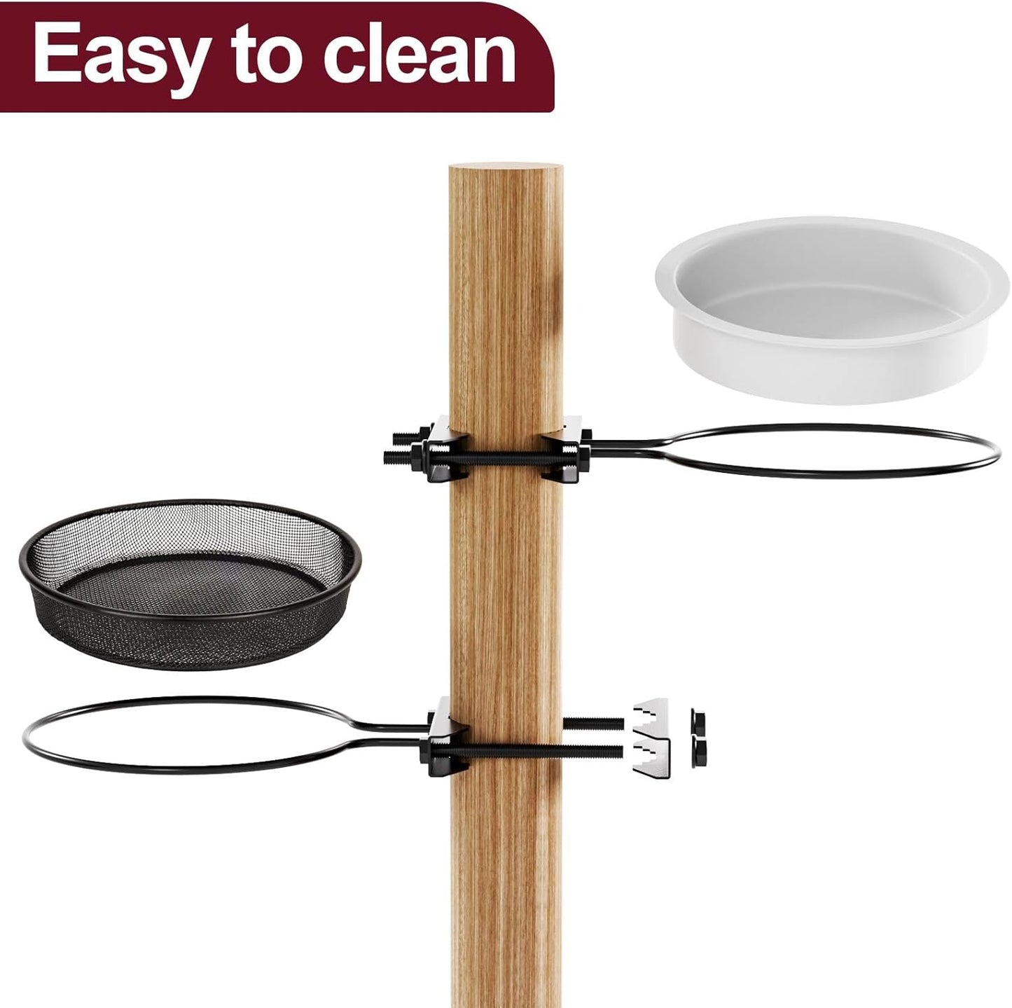 2 Pack Bird Feeder for Railing Pole, Bird Bath Feeding Station Kit with Water Bowl & Mesh Food Tray, Birdbaths & Birdfeeder Installed on Fences, Trees, Deck, Indoor and Outdoor