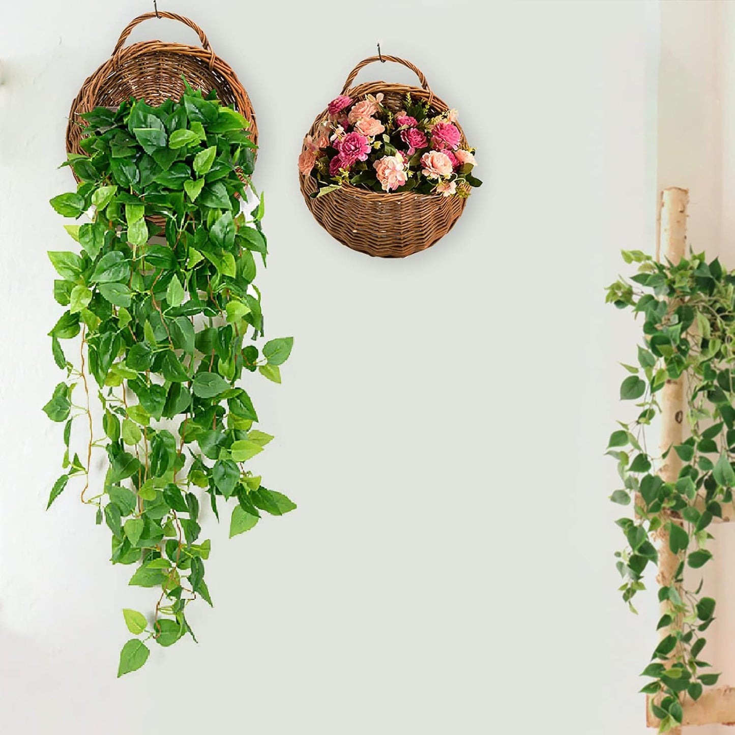 Foraineam Handmade Woven Hanging Basket, Natural Wicker Storage Basket Wall Hanging Flower Pot, Rattan Hanging Planter Container for Home Garden Wedding Wall Decorations