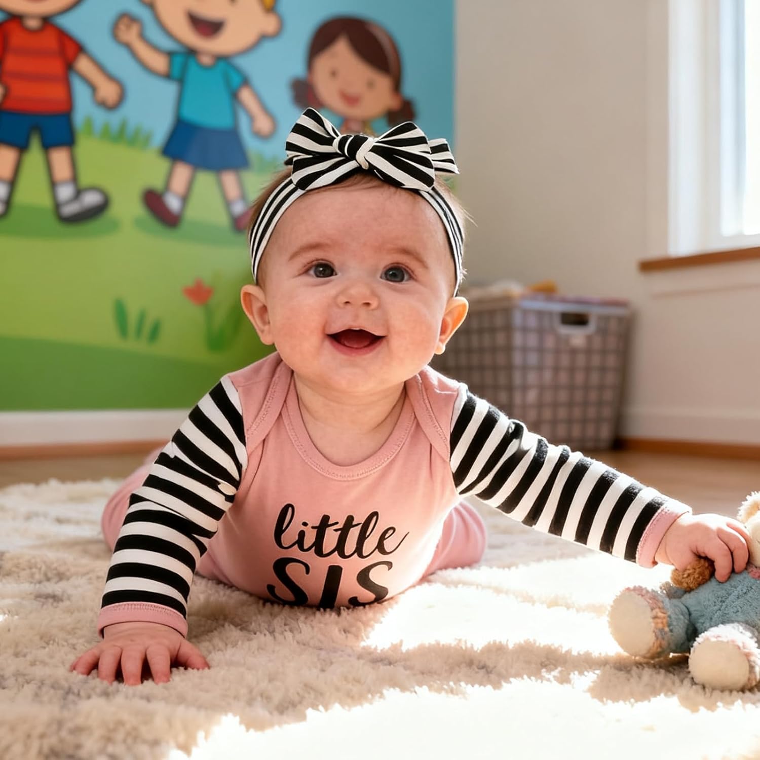 AMAWMW Newborn Baby Girl Little Sister Sleeper Gown Stripe Long Sleeve