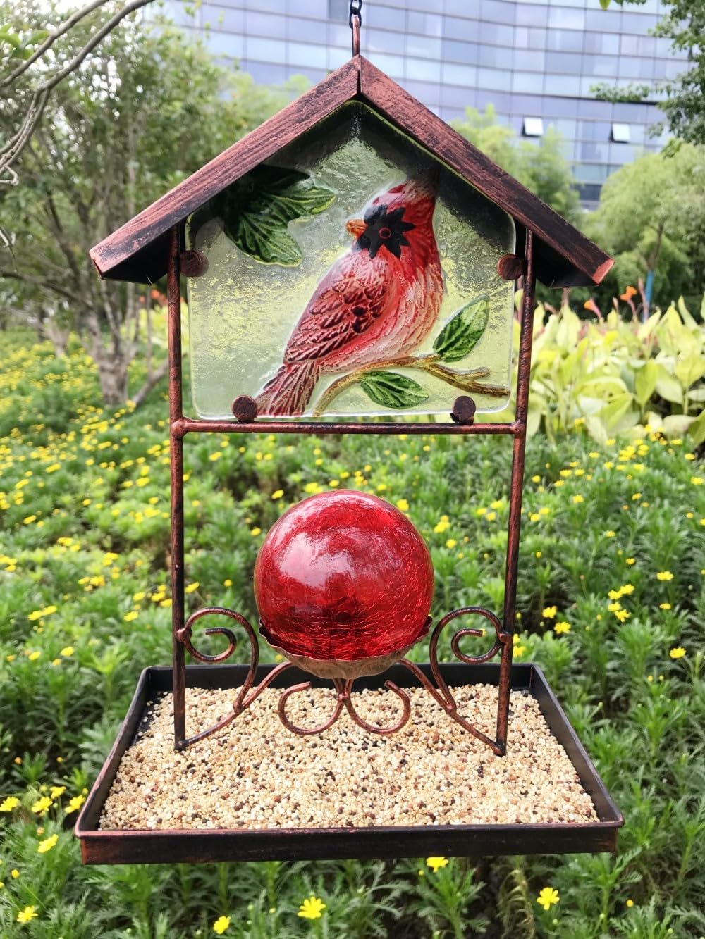 Bird Feeder for Outside Hanging,Outside Metal Wild Bird Feeders with Stained Glass for Garden Yard Outdoor Decoration,Gift Ideas for Bird Lovers (Red Cardinal)