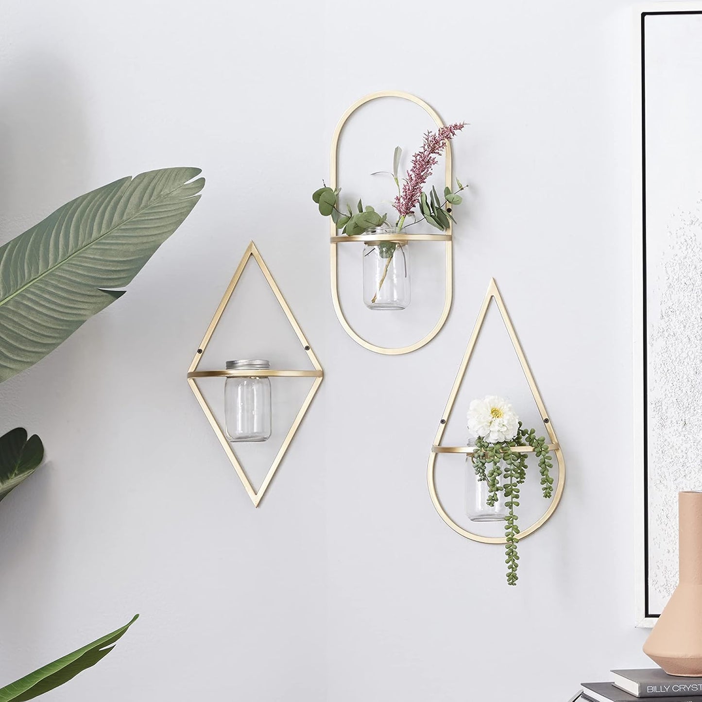 CosmoLiving by Cosmopolitan Metal Geometric Wall Planter Hanging Planter with Glass Holder, Set of 3 Plant Hanger 8"W, 17"H, Gold