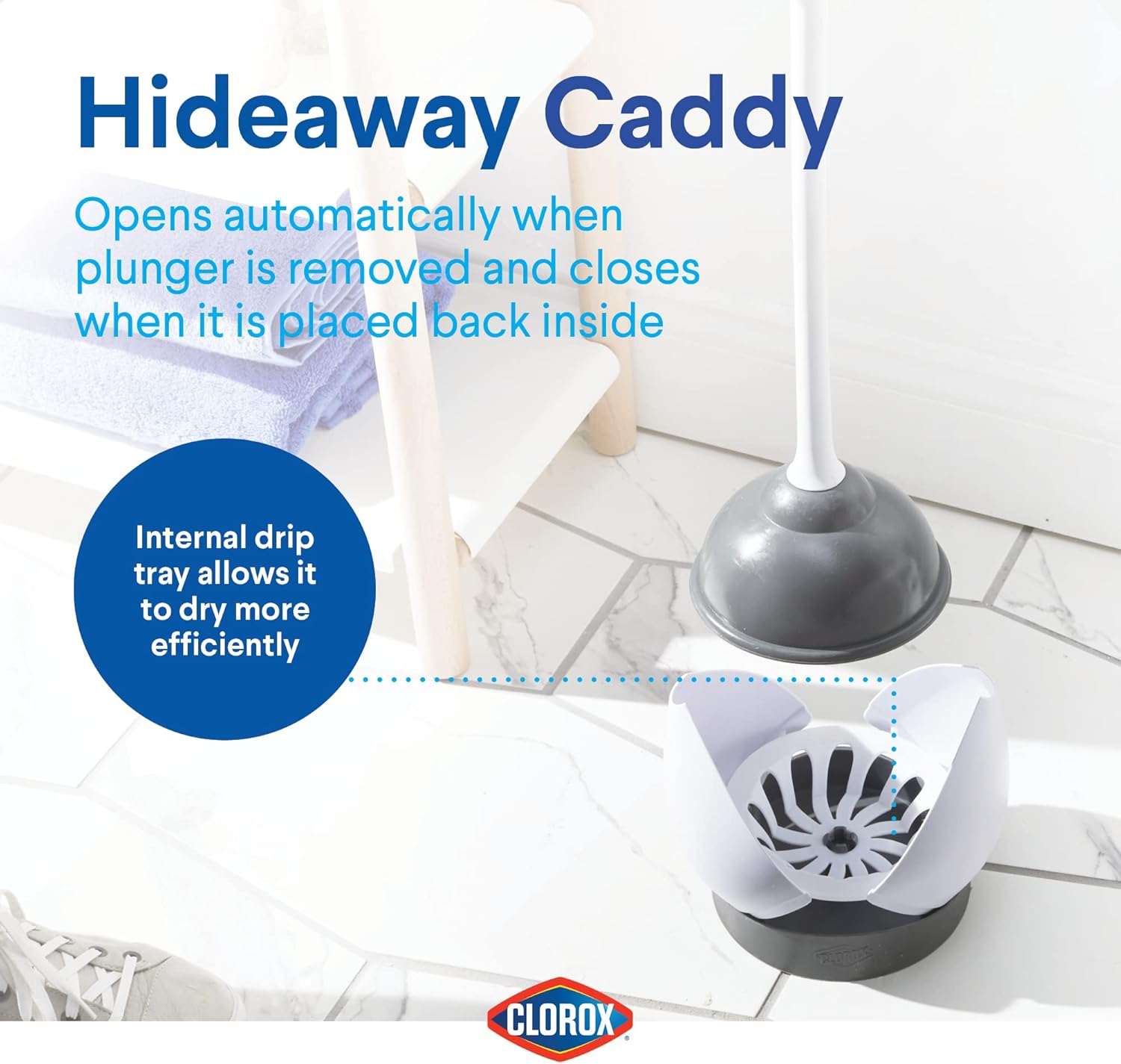 Clorox Toilet Plunger with Hideaway Holder Caddy Heavy-Duty Compact De