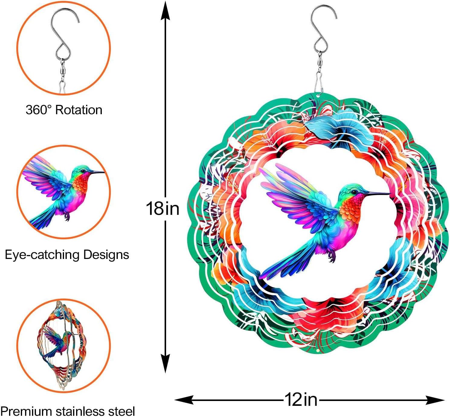Hummingbird Wind Spinners Hanging Outdoor Decor, 12 Inch 3D Kinetic Ya