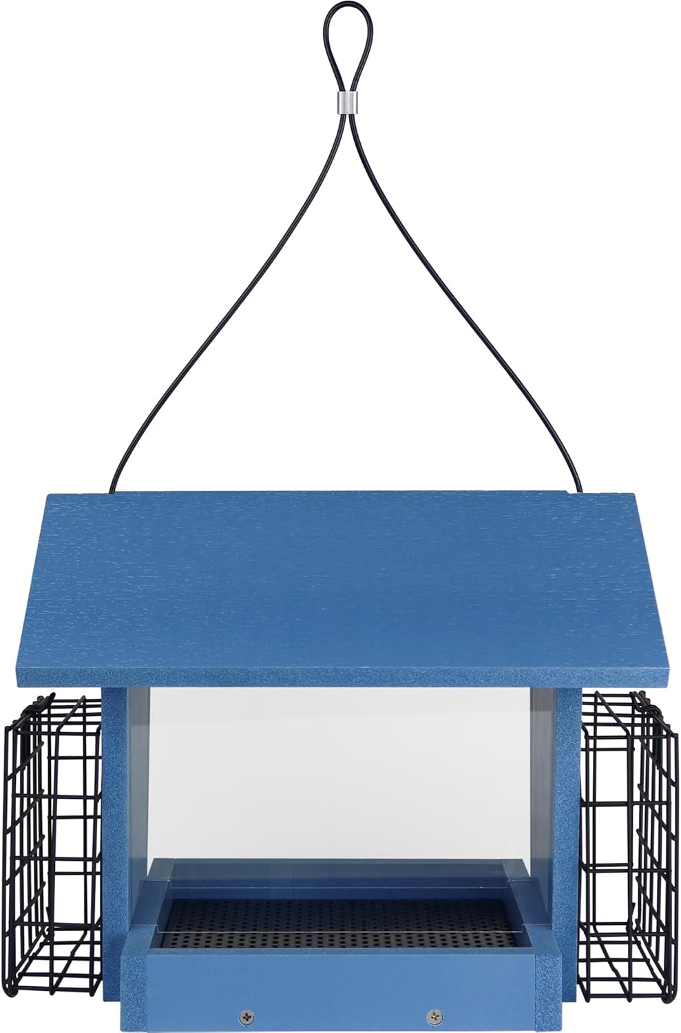 Hopper Hangout Recycled Plastic Hopper Bird Feeder with Latching Suet Cages & Fresh Seed Tray for Wild Birds and Outdoor Décor, 3 Quart Capacity, 2 Suet Cake, Blue