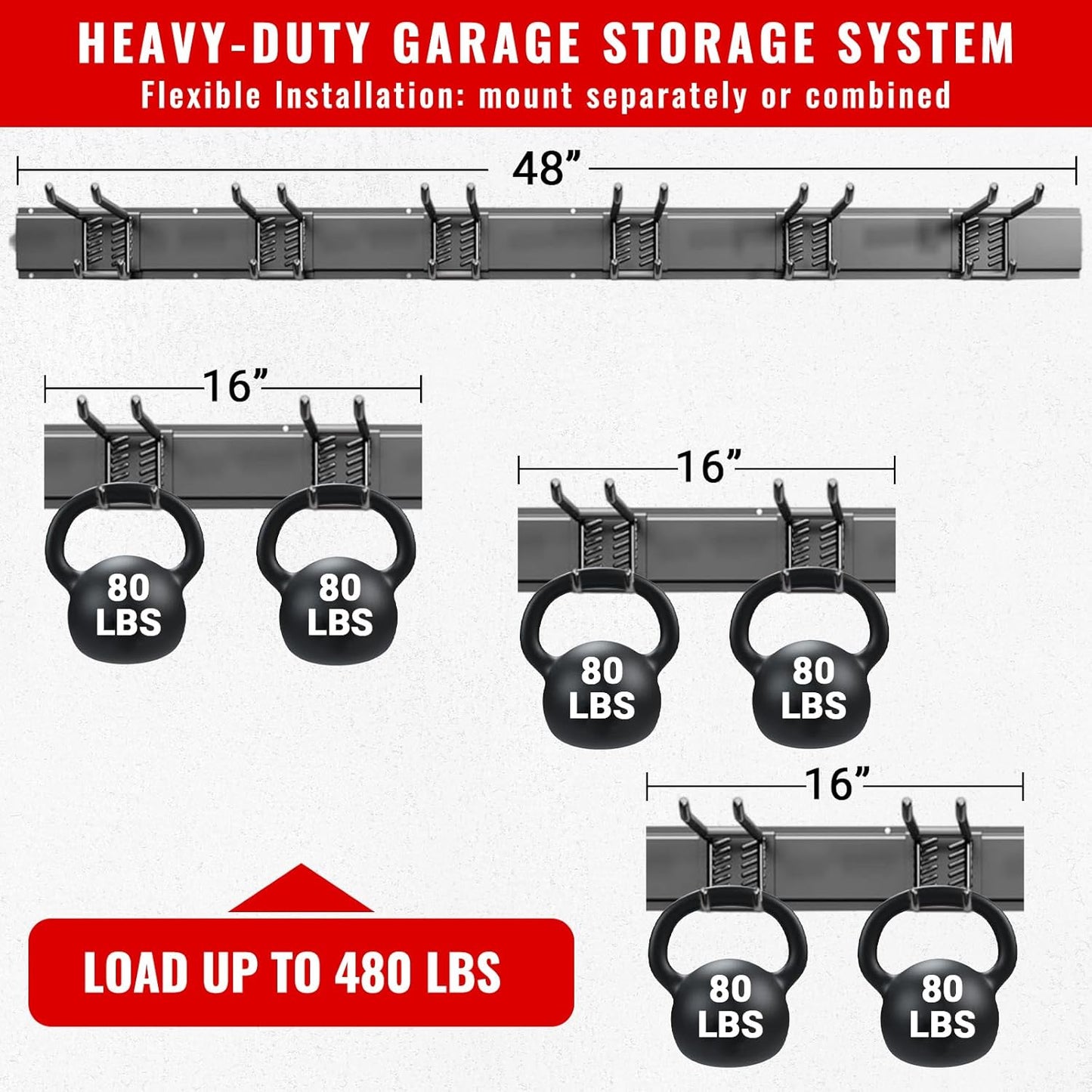 Garage Tool Organizer Wall Mount, Easy to 48inch Install Heavy-Duty Garage Storage System with 6 Adjustable Double Layer Hooks, Garden Tool Rack for Shovels, Rakes, Yard Tools
