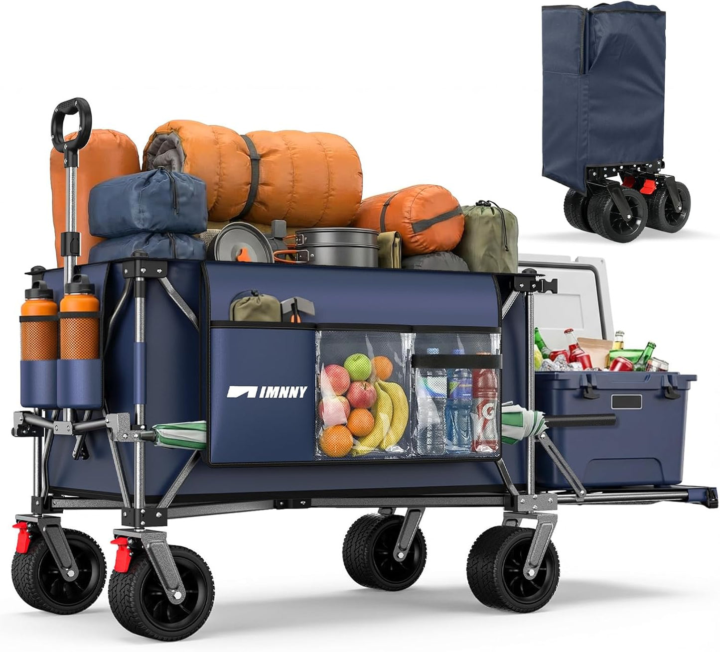 55" Collapsible Wagon with Tailgate & Brakes - 500LBS Heavy Duty Multi-Terrain Cart, 300L Foldable Utility Wagon with Cup Holders & Side Pockets for Beach Sand Camping Sports Shopping (Blue)
