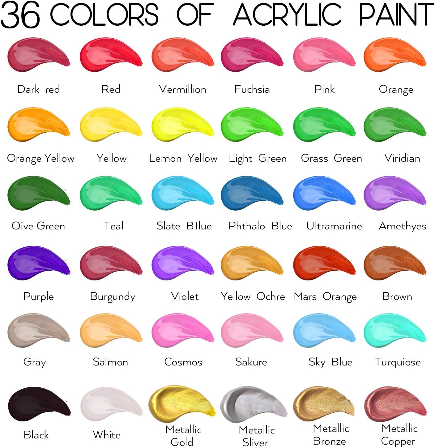 55PCS Acrylic Paint Set of 36 Colors 2fl oz 60ml Bottles 12 Brushes,No