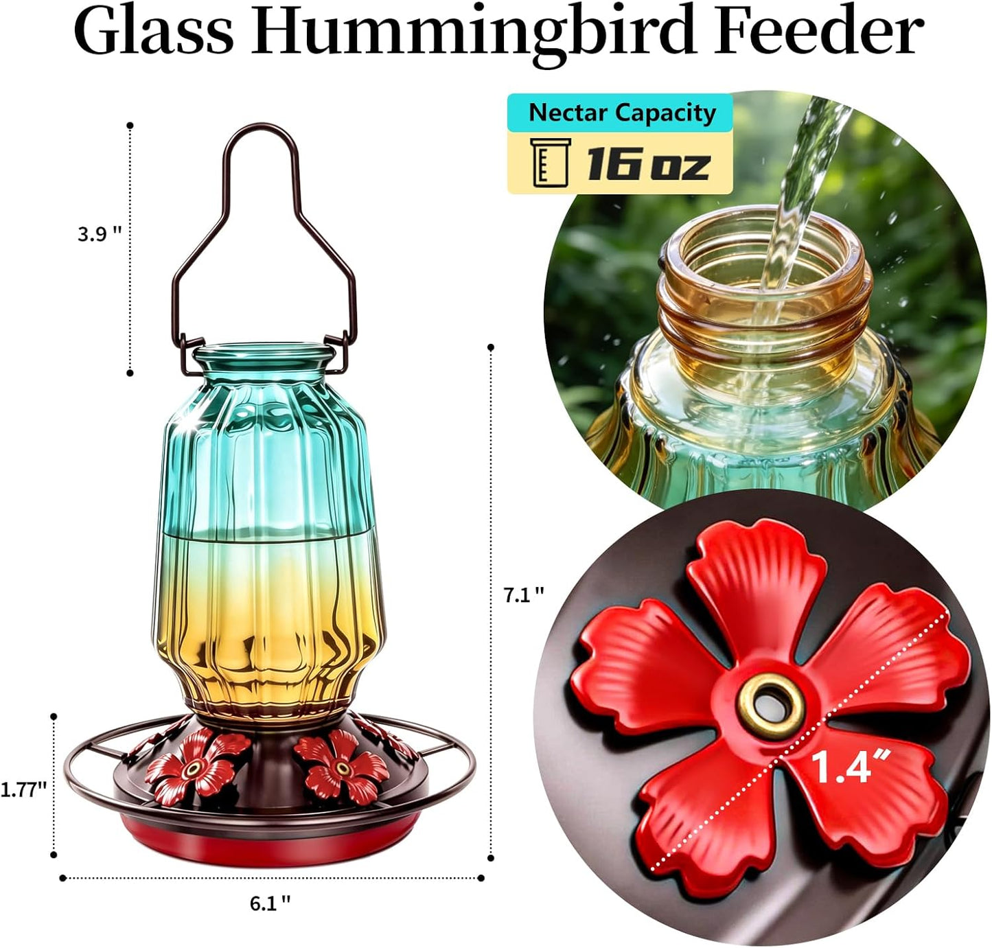 Glass Hummingbird Feeder for Outdoors Hanging, 16Oz Bird Nectar Feeder with Perch & 5 Flower Feeding Ports, Leak Proof for Outside Garden Decor Backyard, Gifts for Women Mom, Green