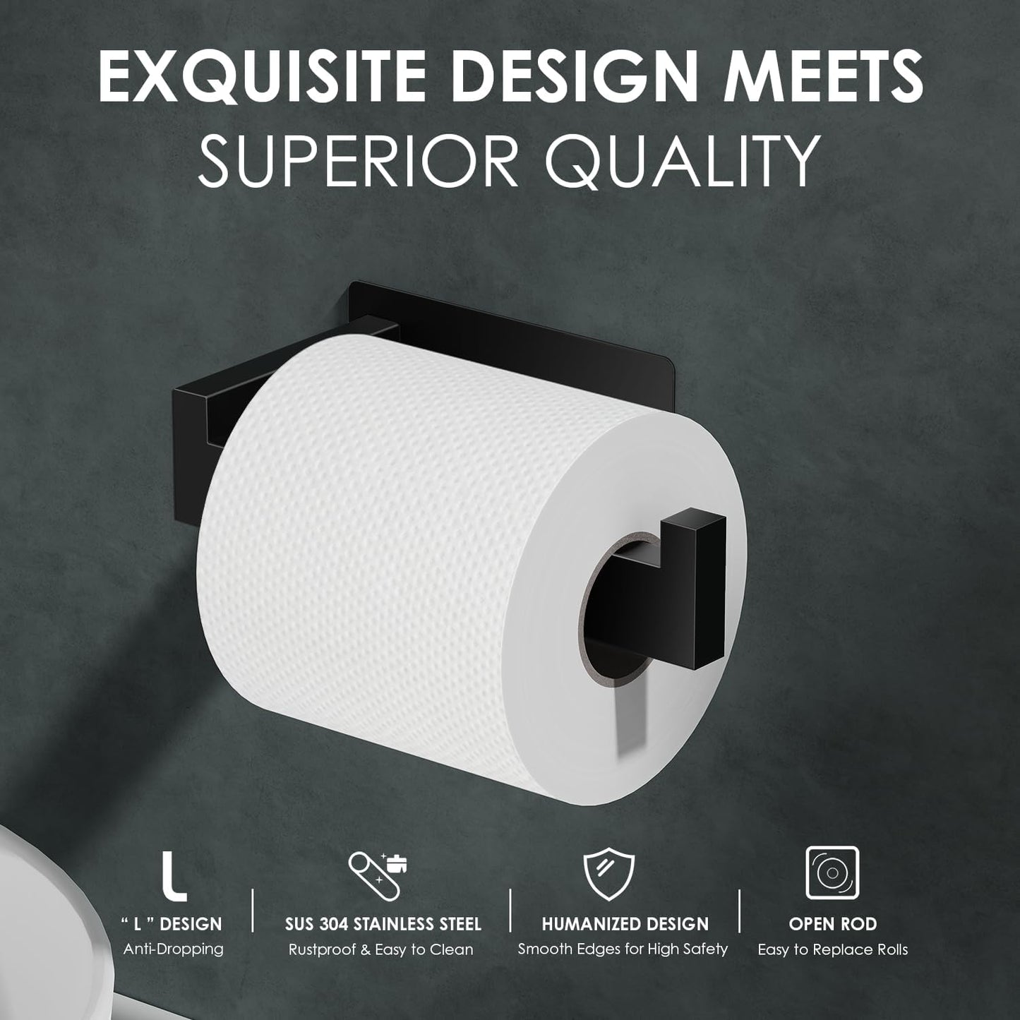 Auxmir Matte Black Toilet Paper Holder, Self Adhesive Toilet Roll Holder Wall Mount, Premium Thicken SUS304 Stainless Steel, Rustproof No Drilling Toilet Tissue Holder for Bathroom Kitchen Washroom RV