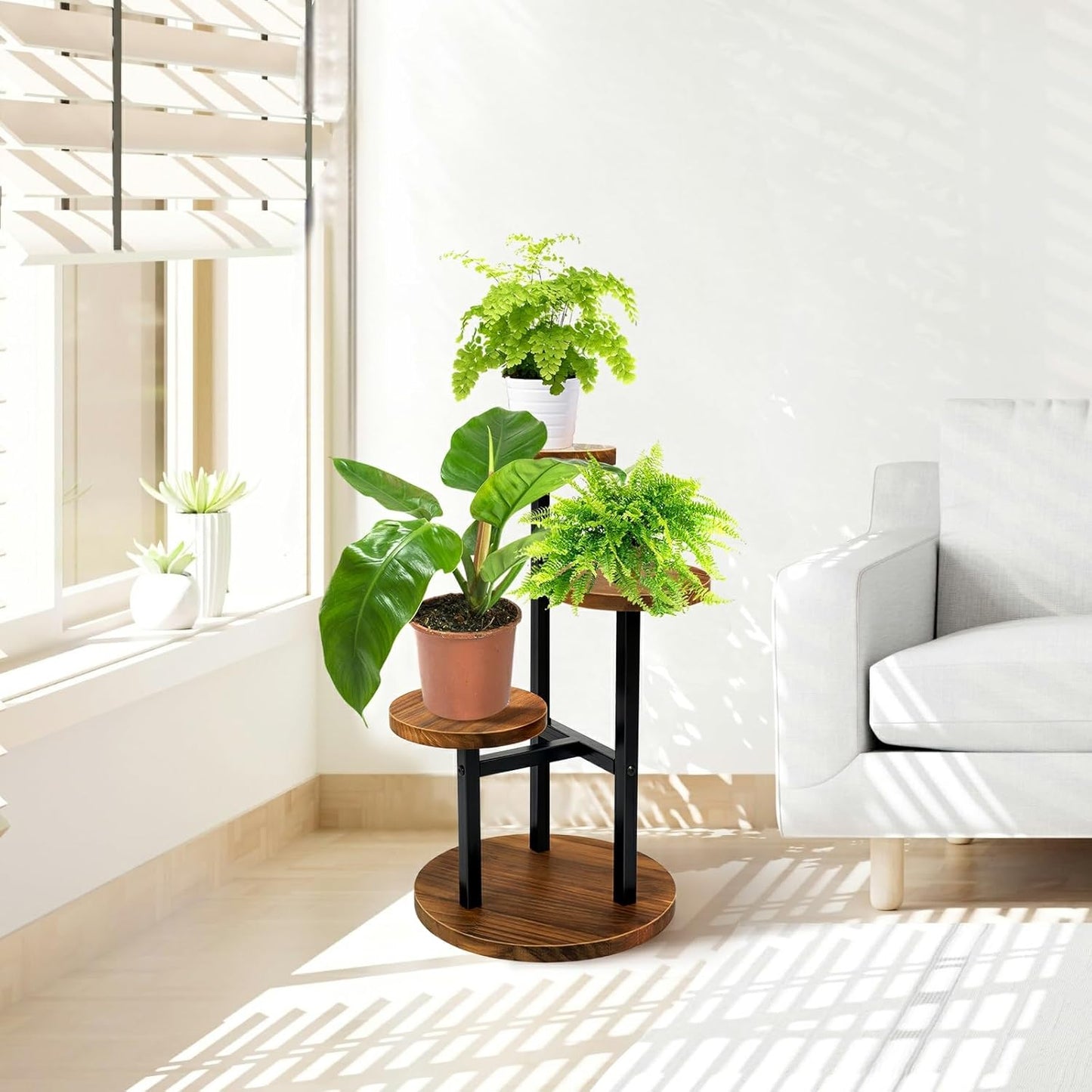 AUGOSTA 3 Tier Plant Stand, Tall Metal Wood Shelf Holder for Indoor, O
