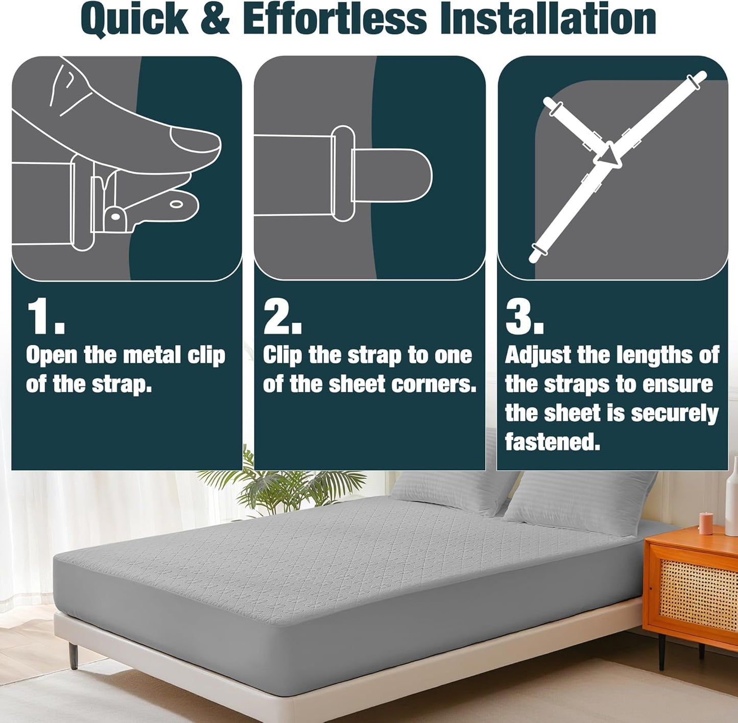 4 Pack Adjustable Elastic Straps with Metal Clips, Bed Sheet Fasteners in Assorted Four Sizes, Bedding Suspenders for Mattress Covers, Bed Corner Holders and Keepers (White)