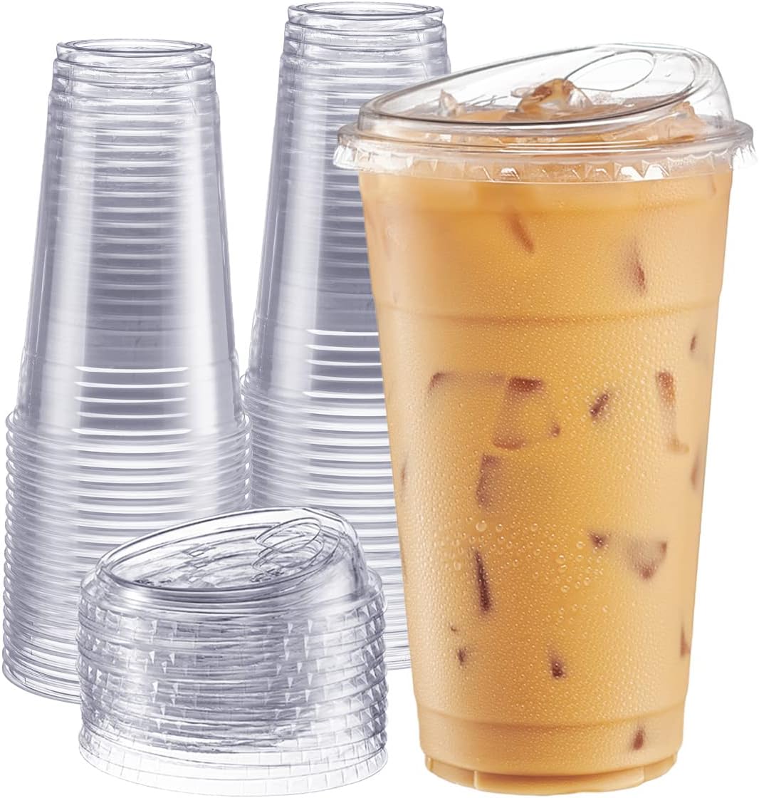 GUSTO Clear Plastic Cups with Lids [24 oz - 100 Count - Disposable Ice