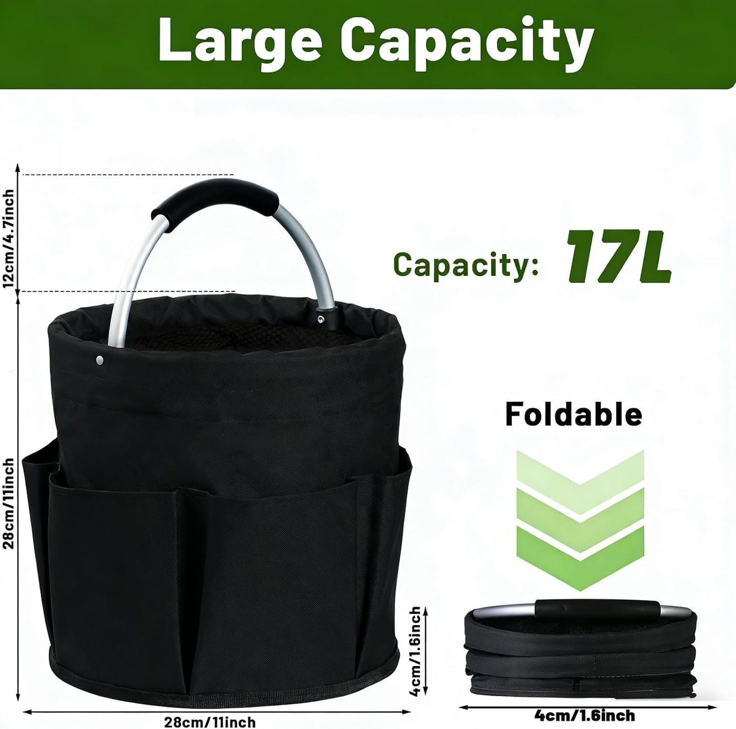 17L Foldable Cleaning Caddy with Handle - Portable Oxford Fabric Storage Bucket, Organiser for Cleaning Supplies, Toiletries, Home, Garden, Picnic & Beach (Black)