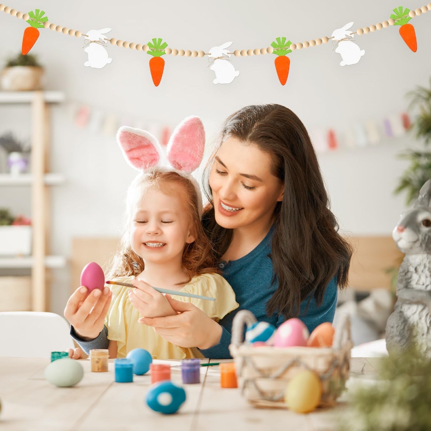Easter Decorations Pre-Assembled Easter Garland Wooden Bunny Carrot Garland with Beads Easter Decor Rustic Banner for Mantel Fireplace Home Party Farmhouse Spring Decor Wall Decor