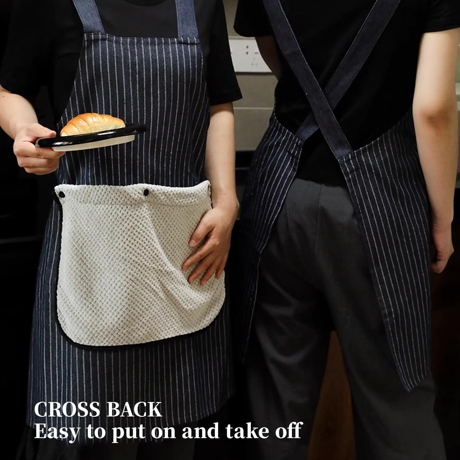 Welan Apron for Women with Pocket, Cross Back No Tie Pinafore No Tie f