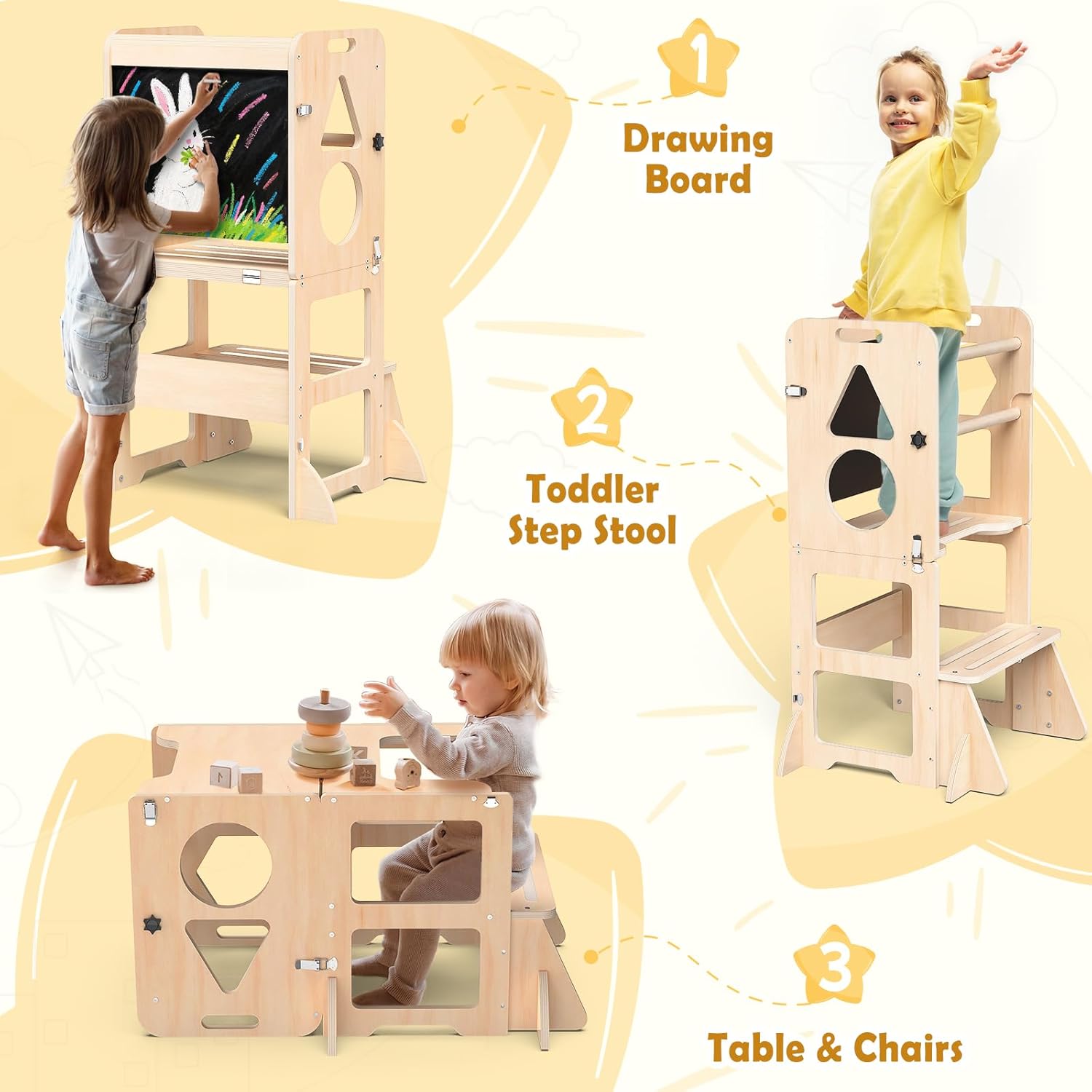 4-in-1 Toddler Kitchen Step Stool, Foldable Learning Standing Tower wi