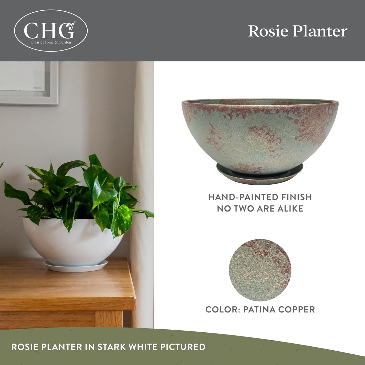 Classic Home and Garden Rosie Modern Planter w/Drainage - Contemporary Planter Bowls - Shallow Round Vases for Small Plants - Versatile Indoor & Outdoor Pots (10” Patina Copper)