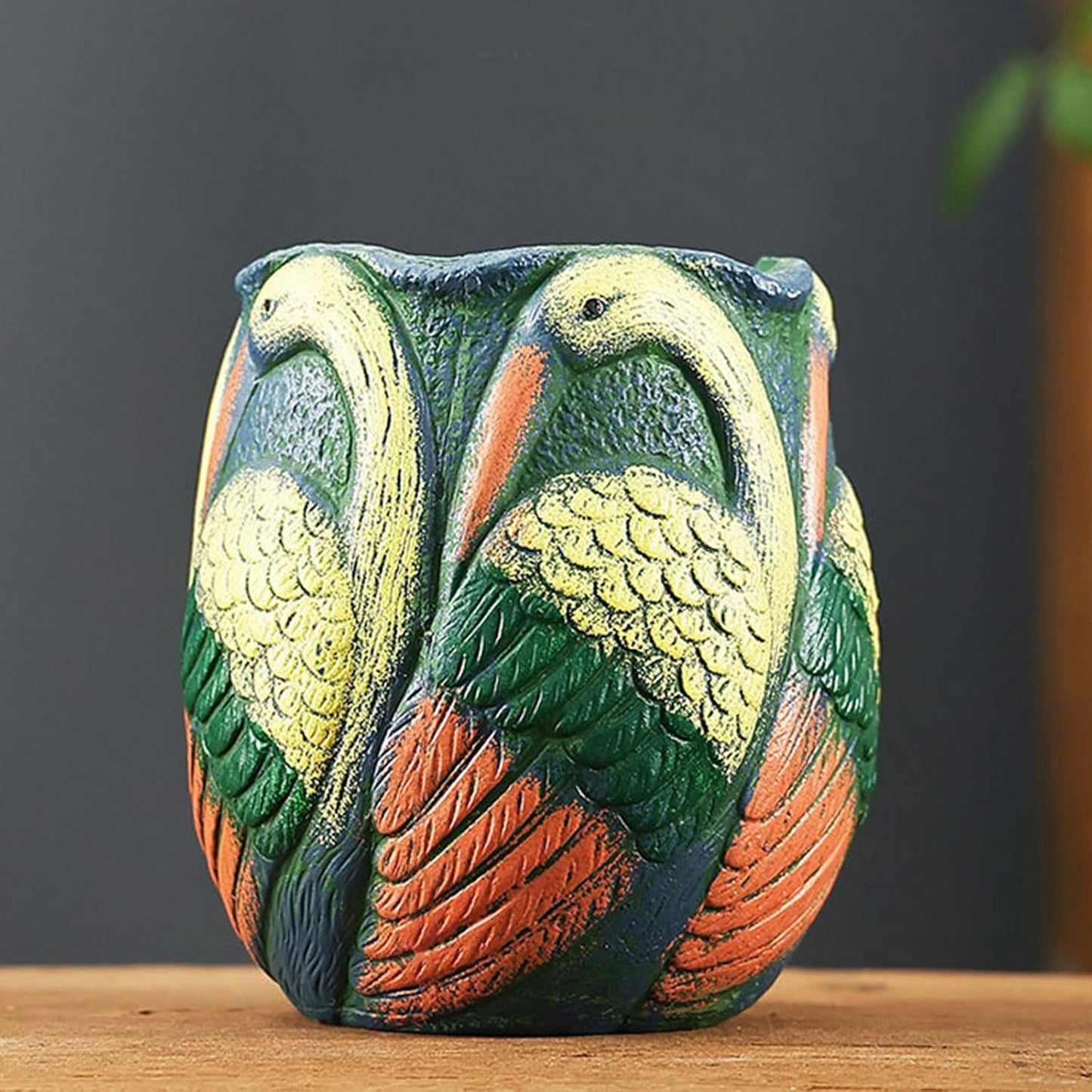 Ceramic Flowerpot with Bird Glaze Patterns,Vintage-Inspired Oval Thick Green Glaze Cylindrical Planter for Succulents Indoor Outdoor Decor