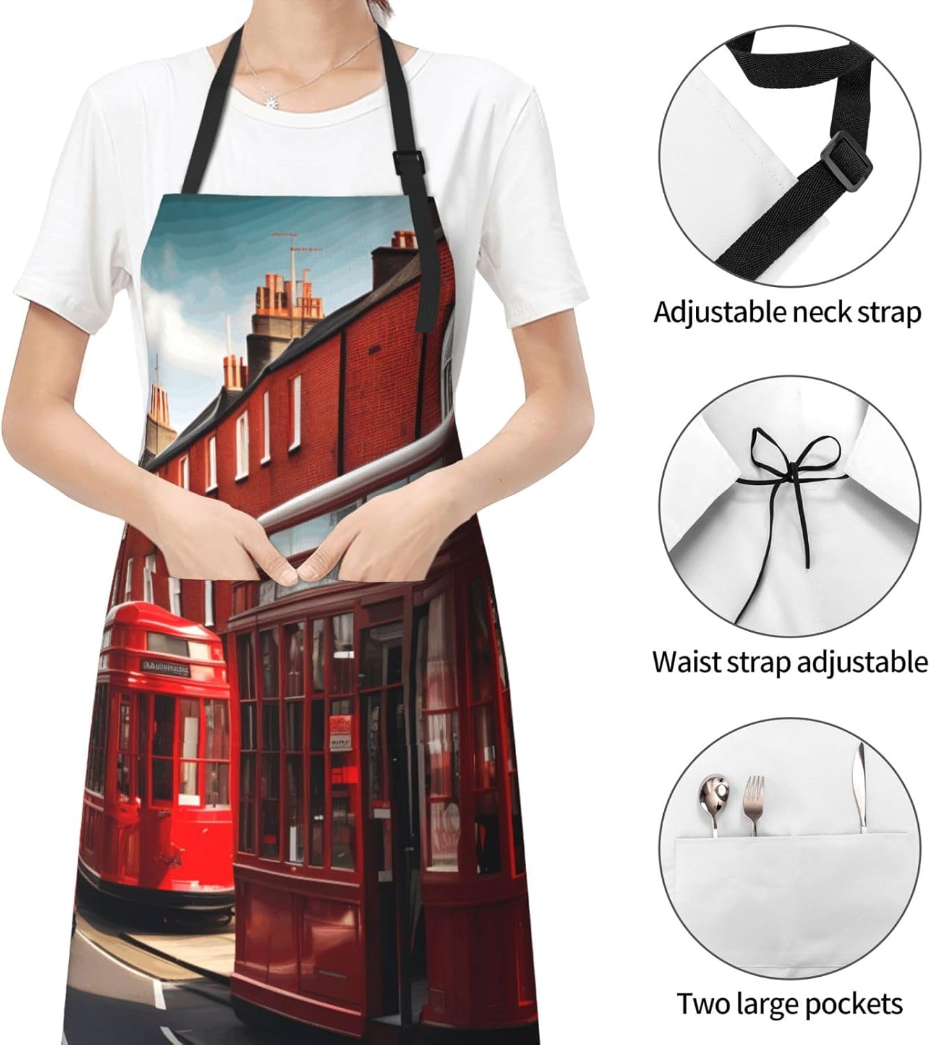 YANYU Red London Street Print 28x33 In Kitchen Apron Stylish Chef Apron with Pockets for Cooking Baking Painting