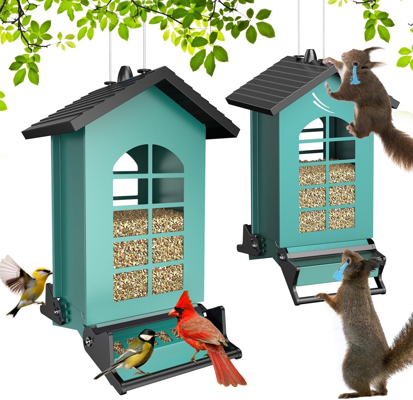 2026 Squirrel Proof Bird Feeder for Outdoors Hanging, 8LBS Metal Hanging Bird Feeder with Bilateral Weight-Activated Perches, Large Capacity Wild Bird Feeder - Squirrel Chewing Proof（Green）