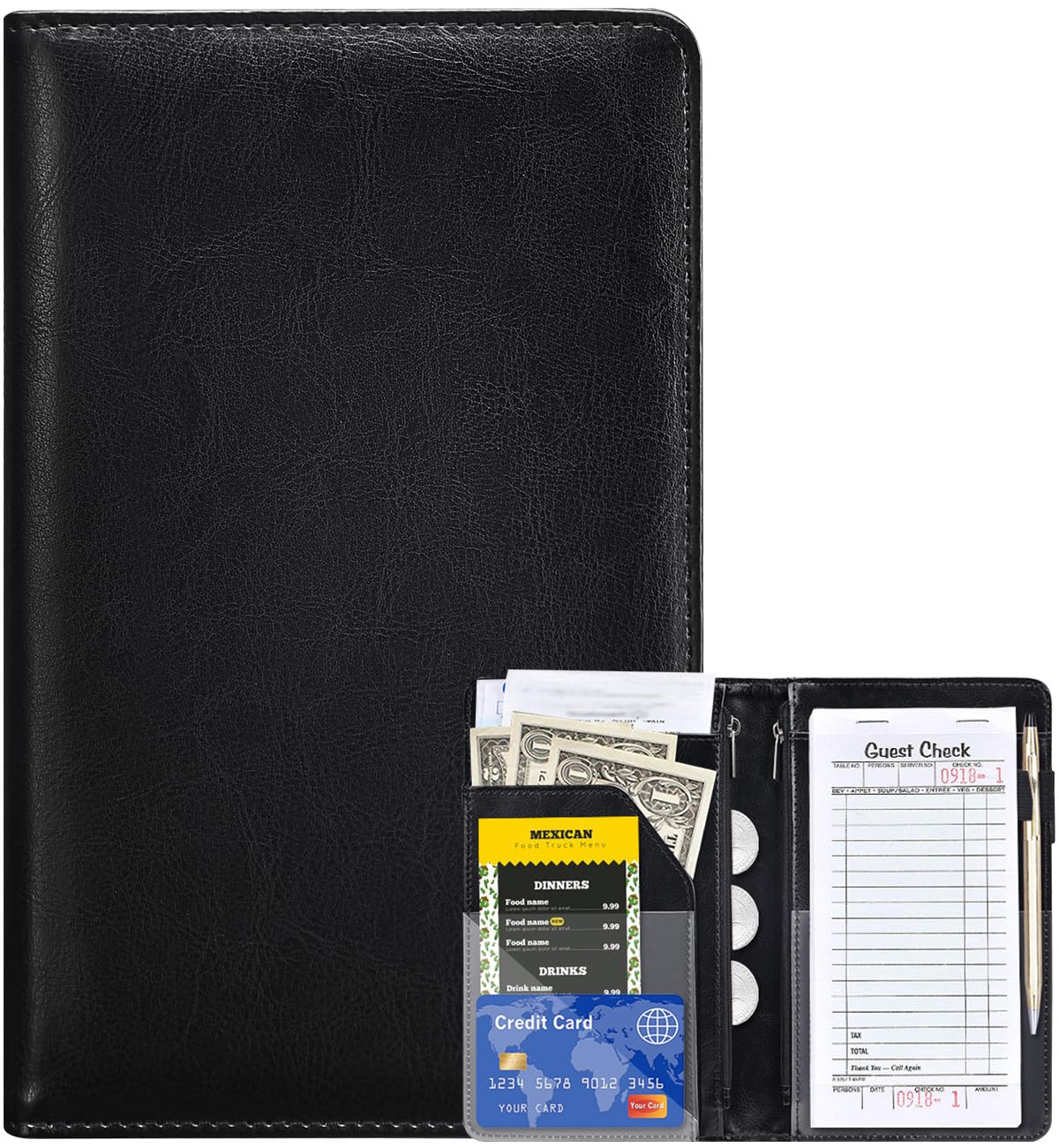 Server Books for Waitress - Leather Waiter Book Server Wallet with Zipper Pocket, Cute Waitstaff Organizer with Money Pocket Fit Waitress Apron（Classic Black）