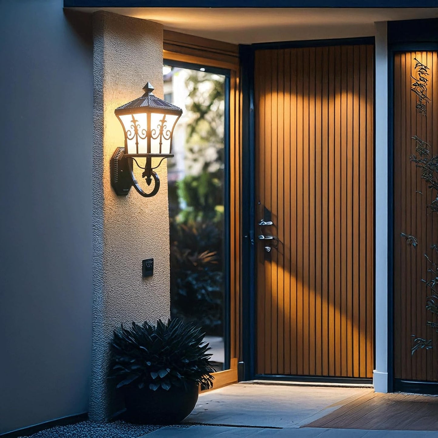 Solar Outdoor Wall Lantern, Black Die-cast Aluminum Exterior Wall Sconce Lamp with Acrylic Shade and Vintage Scrolls, LED/E27 Dual Sources for Garden, Porch, Patio, Villa, Yard, Pathways