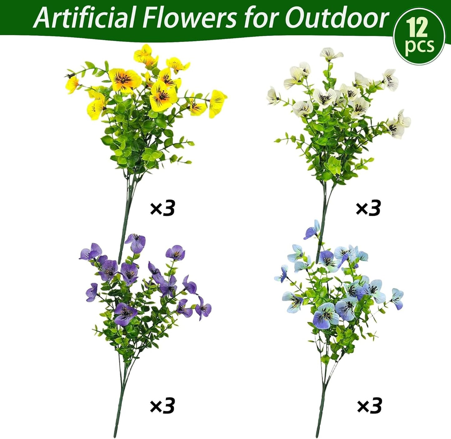 Artificial Faux Pansies Flowers Plants for Outdoor Decor, 12 Bundles Silk Pansy Fake Flowers UV Resistant for Outside Porch Garden Planters with Vibrant Colors