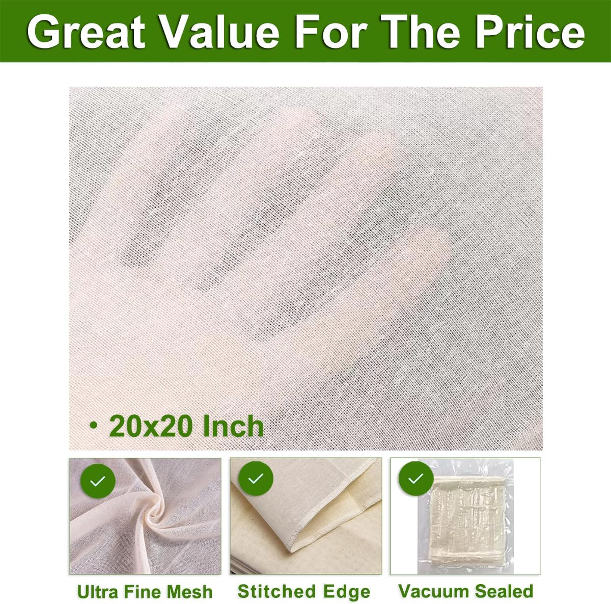 6 Pcs Cheese Cloths, 20x20 Inch, 100% Unbleached Cotton, Grade 100 Reu